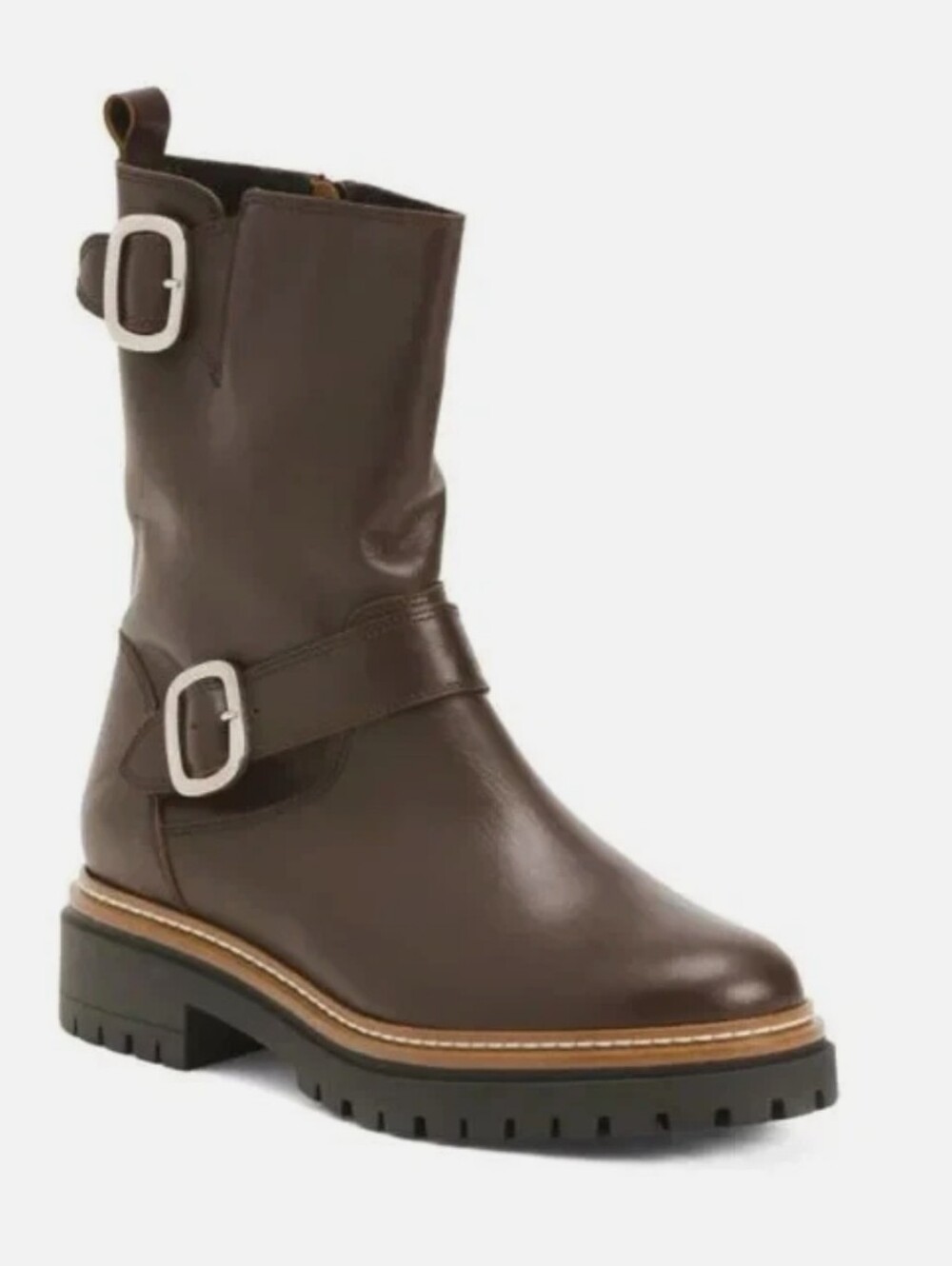 FABIANELLI Made In Italy Leather Mid Lug Booties With 2 Buckles 8.5/9